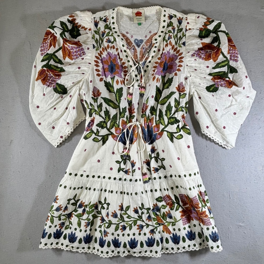 Farm Rio Cream Embroidered Toucan Floral Swiss Dot Mini Dress Large